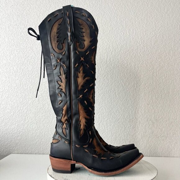 Lane Reverie Knee High Womens Cowboy Boots 6 Black Brown Western Cowgirl Lace Up - Picture 2 of 11